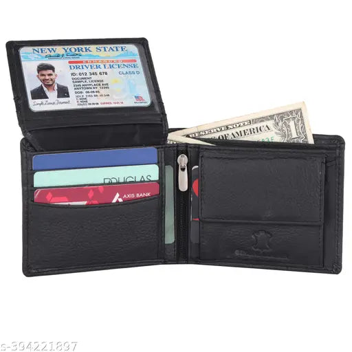 Black genuine leather RFID-protected men's wallet with 5 compartments, featuring advanced security and compact design