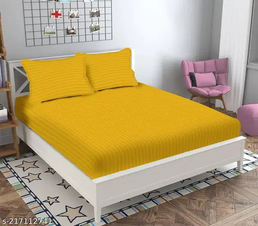 Yellow striped premium cotton satin fitted bedsheets with elastic, double king size with 2 pillow covers
