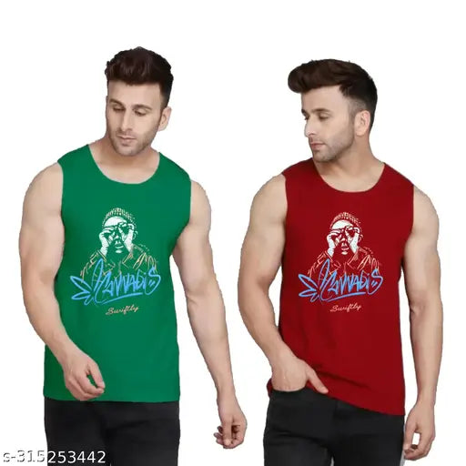 Deep green and maroon men's pure cotton cannabis print SandoGym t-shirt, sleeveless athletic wear for fitness enthusiasts
