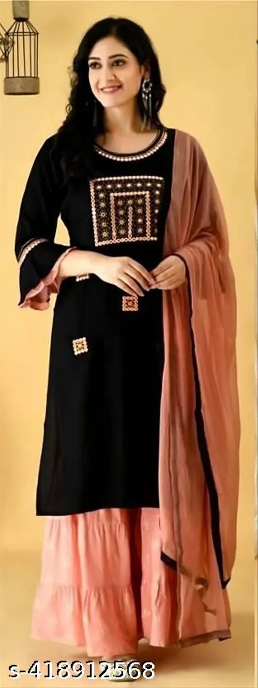 Women's black and gold embroidered kurta set, with long sleeves, round neckline and long skirt
