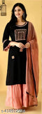 Women's black and gold embroidered kurta set, with long sleeves, round neckline and long skirt