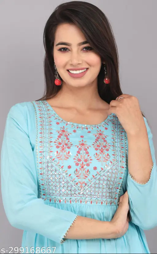 Rayon embroidered kurta, three-quarter sleeves, traditional western blend. Indian handcrafted women's fashion wear