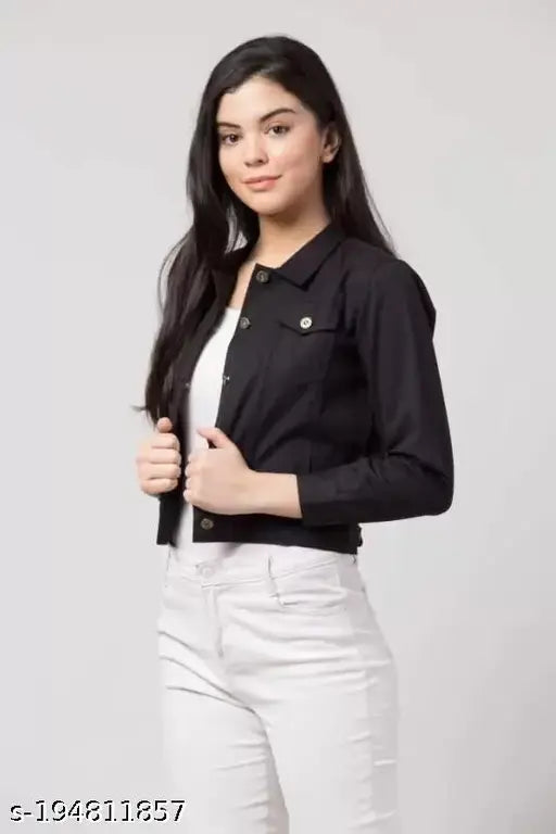 Black denim jacket with zip closure, short sleeves