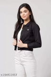 Black denim jacket with zip closure, short sleeves