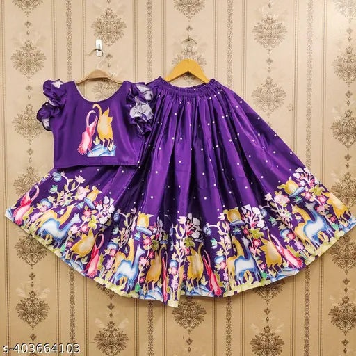 Satin quirky print lehenga choli crop top for kids ages 1-12, Indian readymade baby girls outfit with short sleeves