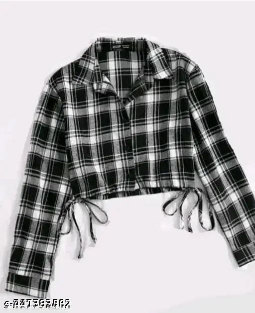 Cotton checked long-sleeved stylish woman's shirt, Indian-made fashion apparel for women (size N XXS, XS, S, M, L, XL)