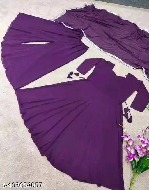 A plain purple georgette kameez with dupatta and palazzo set, elegant attire for weddings, parties or casual wear