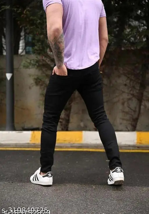 Designer Monster printed jeans, men's slim fit black knee-cut with solid denim option, size 28, 30, 32 (denim pattern placement print and solid) - Indian origin