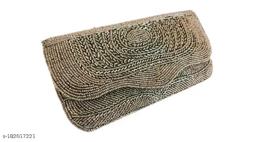 Steel grey beaded women's designer clutch bag