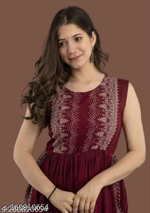 Rayon printed maroon straight Nayra cut kurti for women/girls - embellished traditional Indian wear for festive occasions
