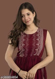 Rayon printed maroon straight Nayra cut kurti for women/girls - embellished traditional Indian wear for festive occasions