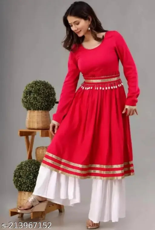 Red rayon partywear kurta with palazzo set, intricate lace detailing, long sleeves, traditional Indian fashion for women