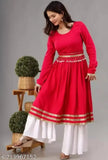 Red rayon partywear kurta with palazzo set, intricate lace detailing, long sleeves, traditional Indian fashion for women