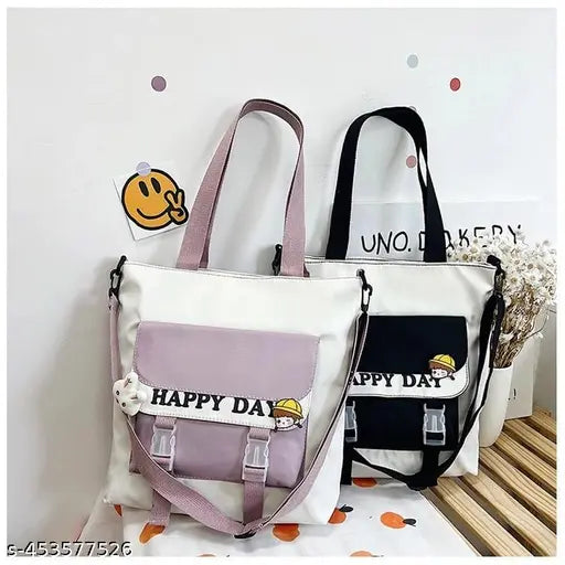 New canvas crossbody bag with black straps and multiple pockets, for students or casual wear. Comes in various colors including black and white