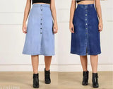 Women's solid A-line combo denim skirts (28, 30, 32, 34, 36, 38, 40), Indian origin, two light and dark denim skirts on hanger