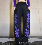 Black cotton blend printed jogger pants for women, versatile style, comfortable athletic wear from Lveorch