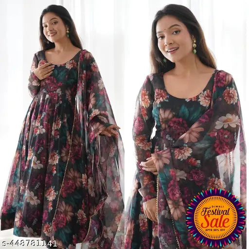 Premium Festival Wear Ethnic Floral Printed Georgette Silk gown With Dupatta For Women