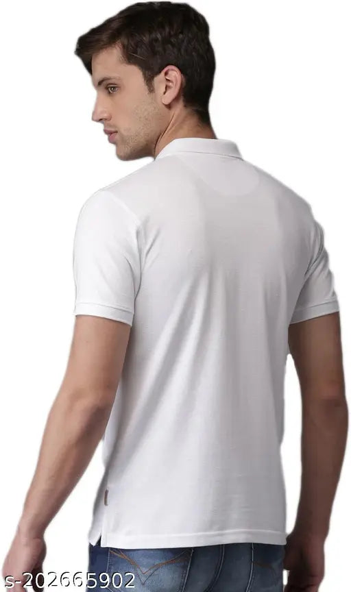 Breathable white cotton polo neck half sleeve t-shirt for men, durable stitch and quality finish