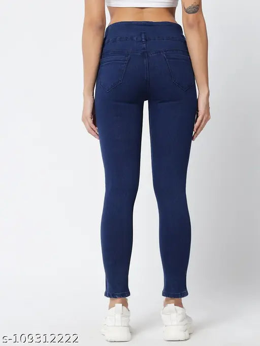 Mint blue denim pants with a three-button closure
