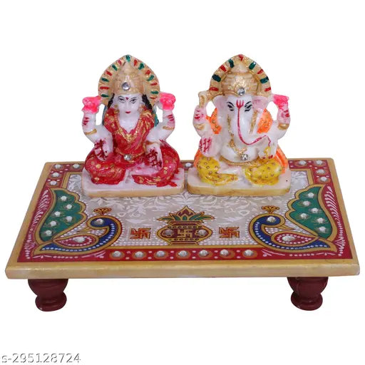 Multicolor marble Ganesh Lakshmi idol statue (10cm x 10cm x 15cm), perfect for home office pooja chowki decoration. Handcrafted resin figure with vibrant colors from Rajasthan, India