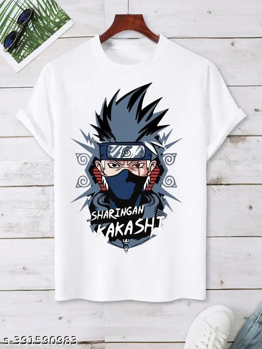 Stylish Kakashi Guku printed round neck white polyester t-shirt for boys, featuring manga character art on Indian-made apparel