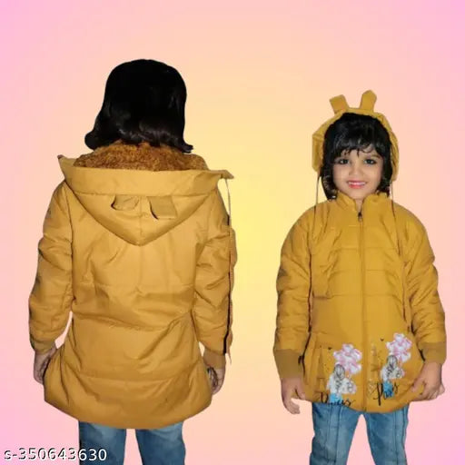 Yellow puffer coat with hood, suitable for children's wear