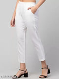White cotton blend trousers for women, solid pattern, elevate casual chic style, quality fabric, tailored fit, comfortable and breathable