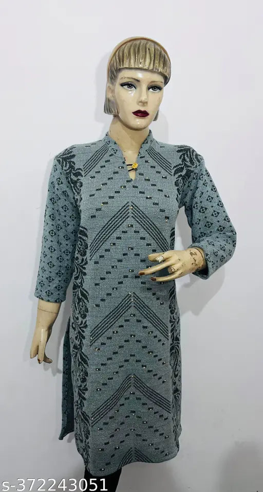 Woolen gray kurta with floral design, long sleeve