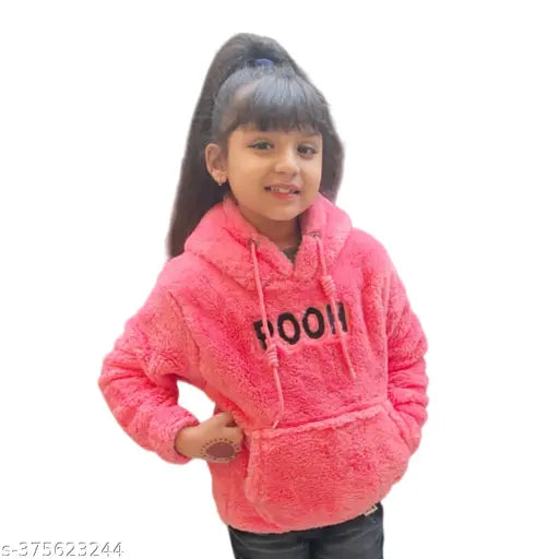 Faux fur hooded sweatshirt for kids girls, self-design polyester, winter wear in 8-9 years size