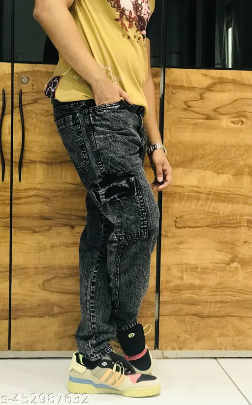 Denim oversized men's six-pocket jeans, loose fit, vintage inspiration. Indian-made, relaxed urban trousers, waist 28-34in, length 42in, hip 38-44in