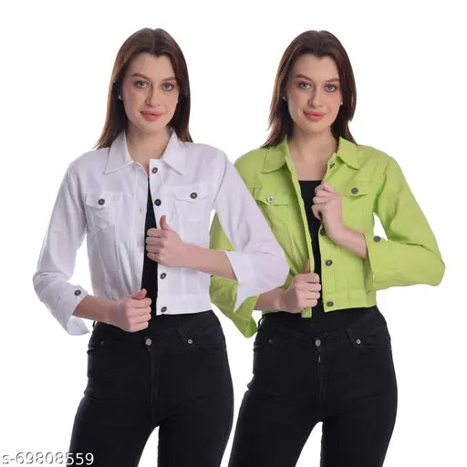 Women's white and neon green cotton blend denim jacket, perfect for casual wear, long sleeves, solid pattern, enhances beauty with regular collar and closure button on front