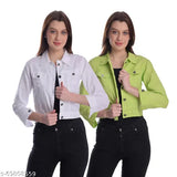 Women's white and neon green cotton blend denim jacket, perfect for casual wear, long sleeves, solid pattern, enhances beauty with regular collar and closure button on front