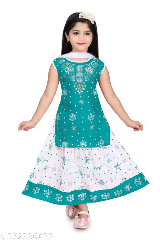Teal and white printed Chanderi cotton kurta and skirt set with dupatta for girls - Vibrant, stylish traditional Indian outfit for young girls aged 1-10 years