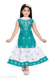 Teal and white printed Chanderi cotton kurta and skirt set with dupatta for girls - Vibrant, stylish traditional Indian outfit for young girls aged 1-10 years