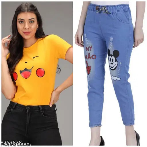 White denim joggers and short-sleeve women's t-shirt, trendy feminine combo made in India