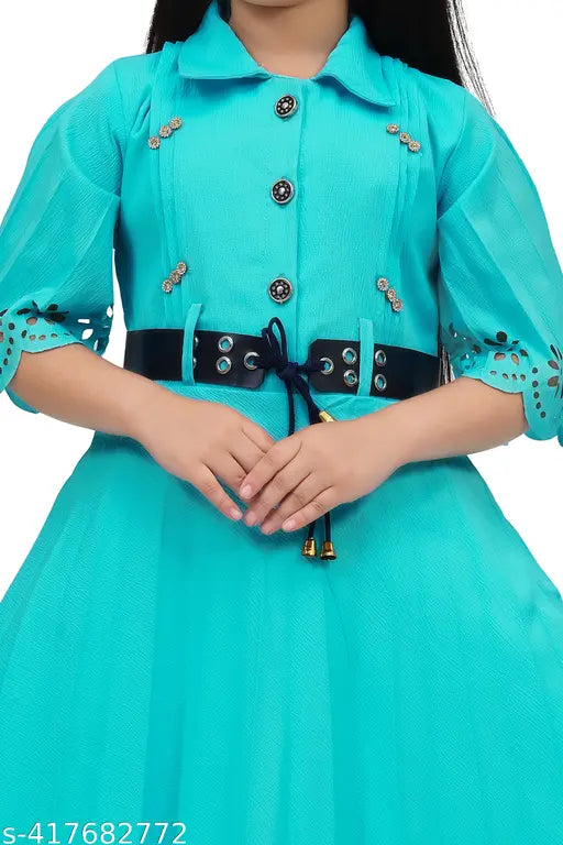 Acrylic three-quarter sleeve party dress for girls, Nayra Style, solid pattern, sizes 3-4, 4-5, 5-6, 6-7, 7-8, 8-9, 9-10, 10-11, 11-12, 12-13, 13-14 years (India)