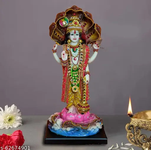 Poly Resin Multicolor Vishnu Statue, 13.5 cm x 32 cm x 13.5 cm, Indian God Idol with Sheshnag on Lotus Platform