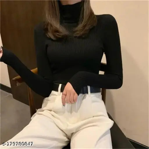 Stretchy high neck top, solid pattern cotton-lycra fabric, Vineet Enterprises original full sleeve design, Indian origin apparel for women