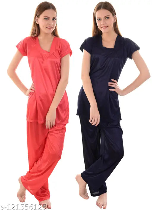Navy Blue & Coral Red Ultra Soft Satin Women's Night Suit Set (Pack of 2) - Indian fashionable comfort for special nights