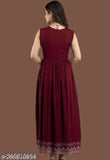 Rayon printed maroon straight Nayra cut kurti for women/girls - embroidered, sleeveless, classic & trendy, India