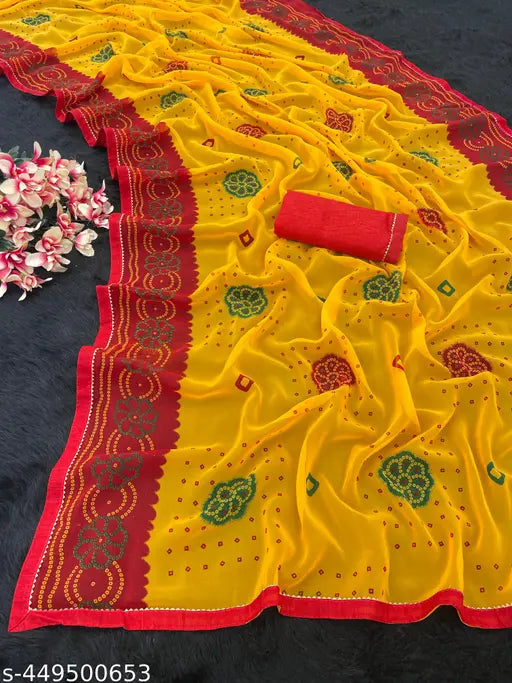 Red and yellow Georgette bandhani saree with blouse and lace border
