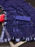 Navy Blue net saree with cotton blouse for women, printed and free-size