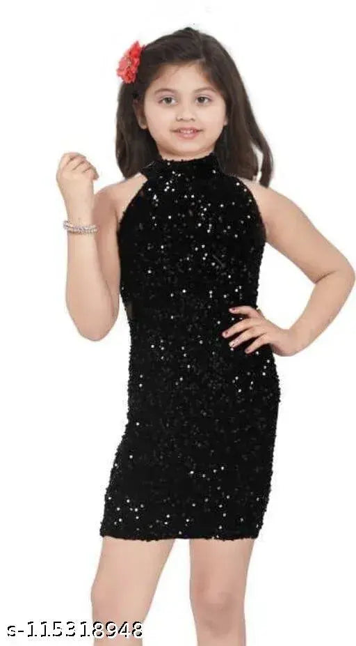 Black glitter sequin sleeveless party dress, knee length, short skirt, high neckline, red flower hair accessory