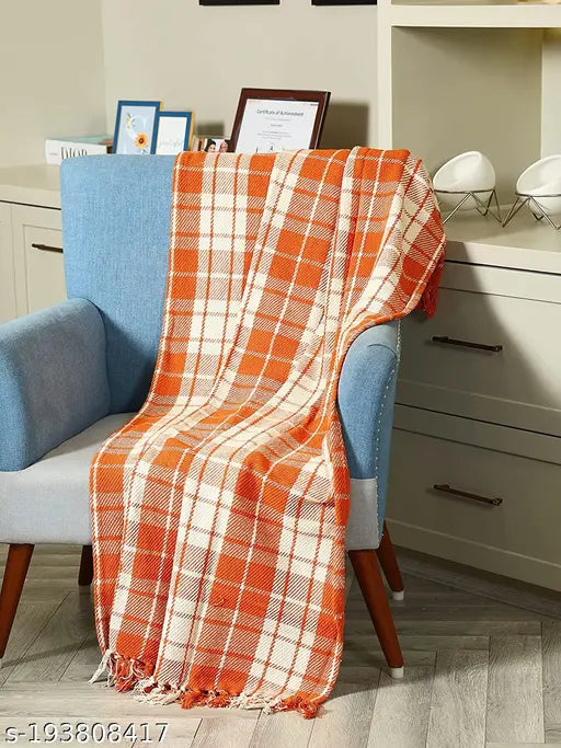 Orange and white plaid blanket, 125x150 cm, 1200g by SASHAA WORLD - perfect for living room or bedroom, soft cotton texture with fringed edge