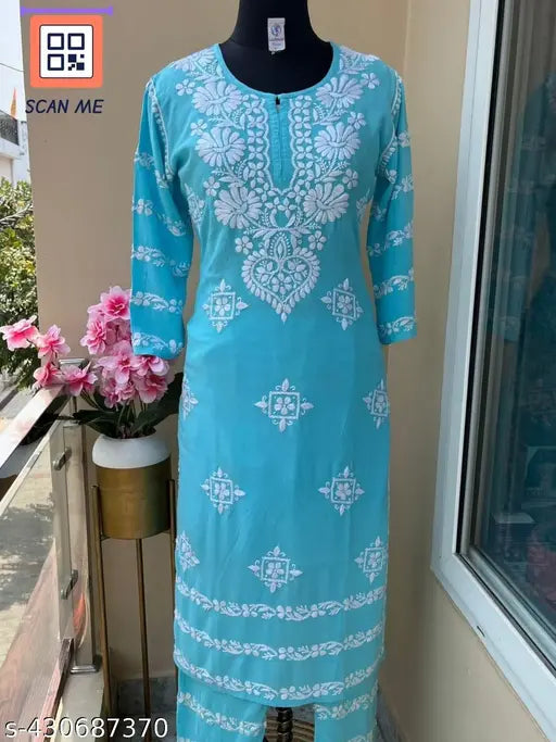 Rayon Chikankari embroidered kurta plazzo set with three-quarter sleeves, featuring intricate Indian motifs. Available in sizes M, L, XL, XXL, 4XL, 5XL, and 6XL. Made in India