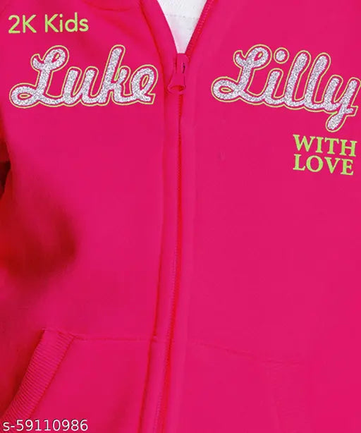 Pink cotton blend kids' zipper hoodie sweatshirt with printed net pattern, suitable for cold climates and winter seasons. Size options include: 2-3 Years (Bust 12in, Length 15in, Hip 12in, Waist 11in), 3-4 Years (Bust 13in, Length 16in, Hip 13in, Waist 12in), and more. Made in India
