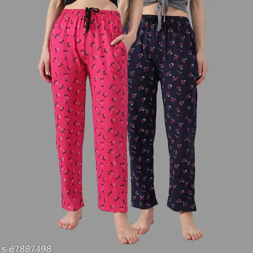 Comfortable cotton pyjamas for women in regular fit, girls pack of 2 with nightwear lounge paint print design
