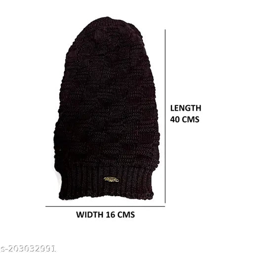 Black woolen beanie cap with fur inner side, trendy long skull design, perfect for winter wear