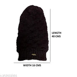 Black woolen beanie cap with fur inner side, trendy long skull design, perfect for winter wear