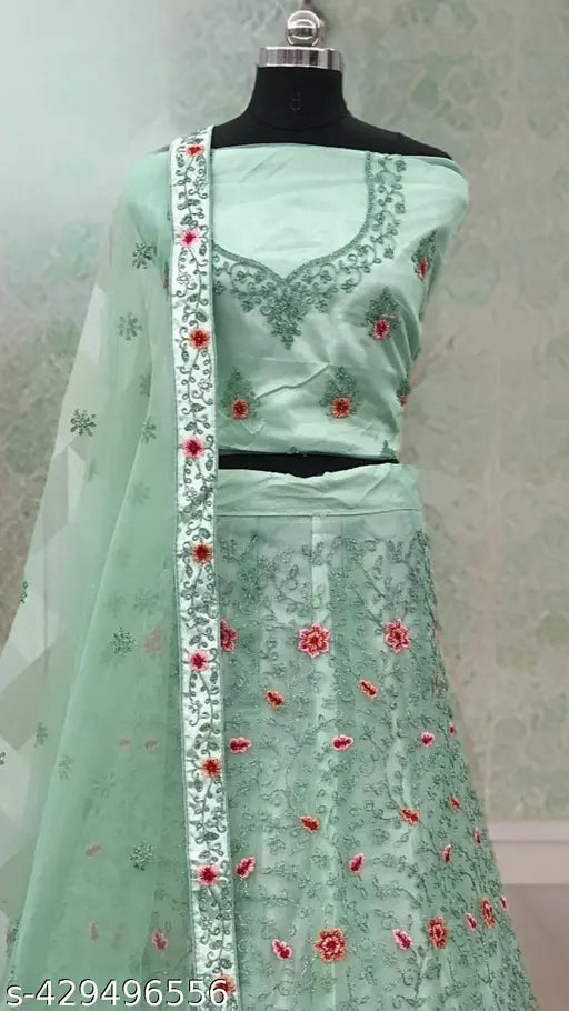 Sea Green Embroidered Net Lehenga Choli Set with Dupatta and Blouse, ideal for regular occasions or festivals. High-quality Indian fabric